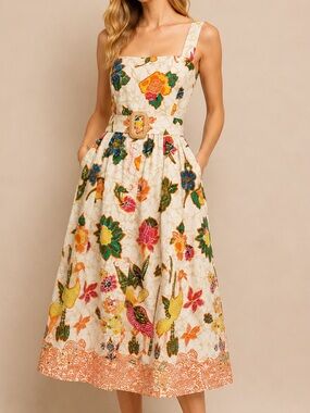 Cara Cara Candace Botanical Floral Cotton Midi Dress Belted Pockets Smocked M